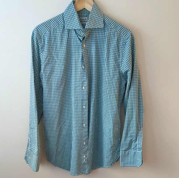 Italian Made Blue Green Gingham Dress Shirt - Picture 1 of 6